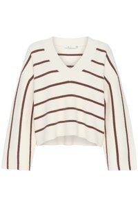 Pull court à col en V de couleur crème avec des rayures horizontales marron. Texture côtelée avec des manches longues et une coupe décontractée. Couleur unie sur les côtés.