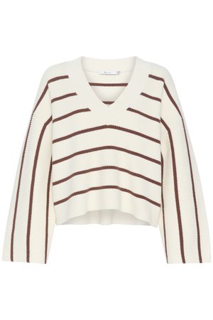 Pull court à col en V de couleur crème avec des rayures horizontales marron. Texture côtelée avec des manches longues et une coupe décontractée. Couleur unie sur les côtés.