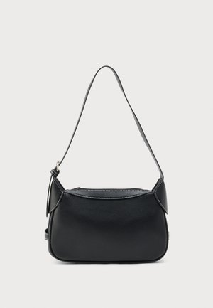 Black leather shoulder bag with a smooth texture, rounded shape, and a thin strap. Features a zip closure and minimal hardware accents.