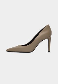 Chaussure beige à talon haut avec bout pointu, talon aiguille, finition en cuir lisse et design classique de escarpin.