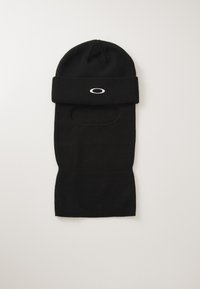 Black knit balaclava with a fold-over cuff and a circular opening for the face. Features a white logo on the front. Soft texture.