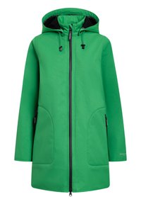 Chaqueta impermeable verde con capucha, cierre de cremallera y dos grandes bolsillos frontales. Presenta una textura suave y un forro negro en contraste.