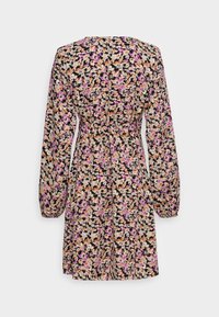 Floral-patterned dress featuring long sleeves, a waist tie, and a black, pink, and beige color scheme. Soft texture with a flowing design.