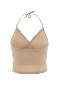 Top halter di colore beige chiaro con una texture trasparente, coppe triangolari e un collo regolabile con lacci. Presenta un design incrociato sulla schiena e un orlo liscio.