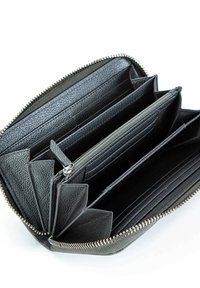 Black leather wallet with multiple compartments, card slots, and a central zippered pocket, displayed open against a white background.