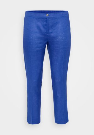 Men's cropped pants in vibrant blue linen, featuring a button closure, smooth texture, and a straight silhouette with subtle crease detailing.