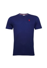 Marineblaue kurzärmelige T-Shirt mit Rundhalsausschnitt und kleinem roten Sticklogo auf der linken Brust.