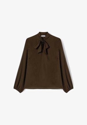 Blusa marrone con colletto alto e fiocco al collo. Maniche lunghe con polsini elasticizzati, realizzata in un tessuto liscio.