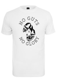Hvid bomuld t-shirt med et sort grafisk design af et ansigt og teksten "NO GUTS NO GLORY" i et cirkulært layout. Korte ærmer.