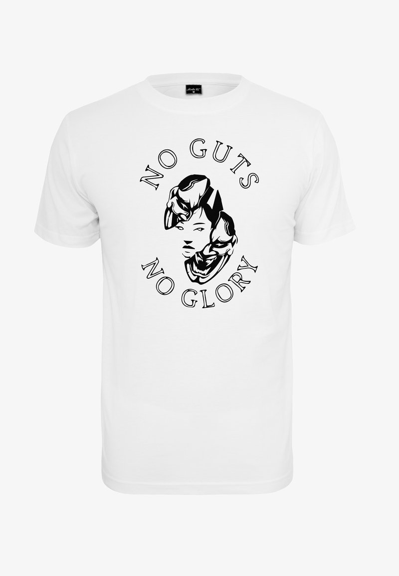 Bela bombažna majica z black grafiko obraza in besedilom "NO GUTS NO GLORY" v krožni postavitvi. Kratke rokave.
