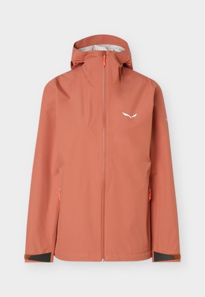 Αδιάβροχο μπουφάν σε σκουριά απόχρωση με κουκούλα, πλήρης φερμουάρ εμπρός, πλαϊνές τσέπες, ρυθμιζόμενα μανίκια και λευκό λογότυπο στο στήθος.