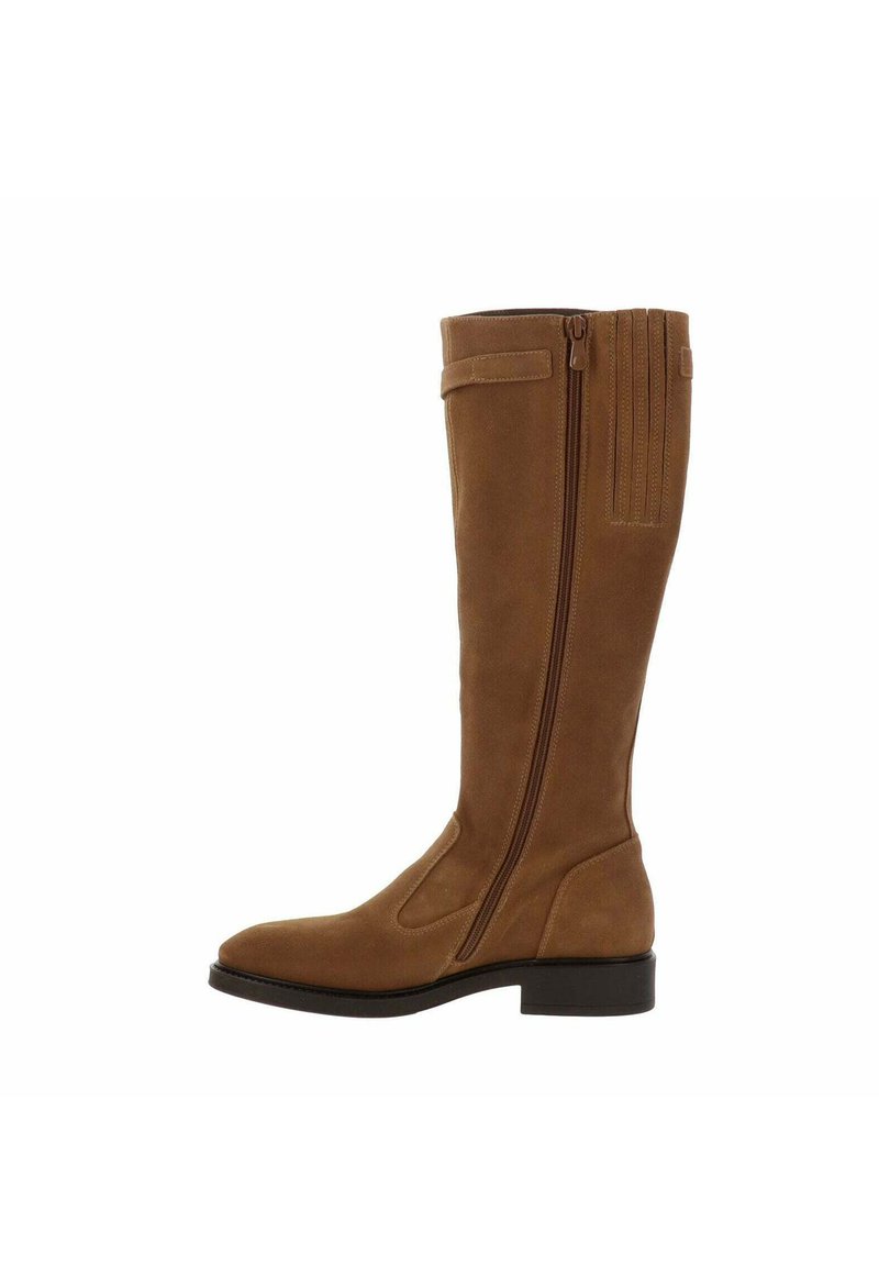 Braune Wildleder-Kniefallstiefel mit runder Zehenpartie, seitlichem Reißverschluss und rückseitigem Faltenakzent. Verfügt über einen niedrigen Absatz und eine glatte Textur.