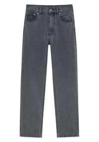 Jean en denim gris foncé à jambe droite avec fermeture à boutons et zip devant, poches avant et poche monnaie, ainsi que passants pour ceinture.