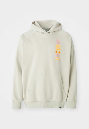 Beige Kapuzenpullover mit einer vorderen Tasche, Raglanärmeln und einem bunten grafischen Design mit Symbolen in Pink, Orange und Gelb.