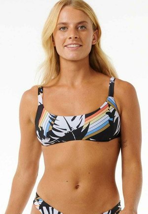 Bikini top with a square shape, featuring a multicolored striped design and tropical leaf patterns on a black background. Soft straps.