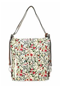 Sac à bandoulière à motifs floraux avec des fleurs rouges, roses et blanches, des feuilles vertes, une poche zippée à l'avant et des sangles marron réglables.