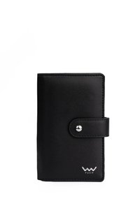 Black leather wallet with a smooth texture, snap closure, and logo detail. Compact rectangular design, minimalistic style.