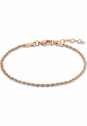 Bracciale in oro rosa con design intrecciato, gancio di sicurezza a moschettone e catena regolabile per personalizzare la lunghezza.