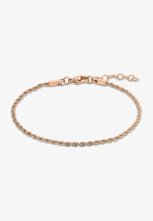 Roze gouden armband met een gedraaide structuur, een veilige karabijnsluiting en een verstelbare ketting voor lengteregeling.