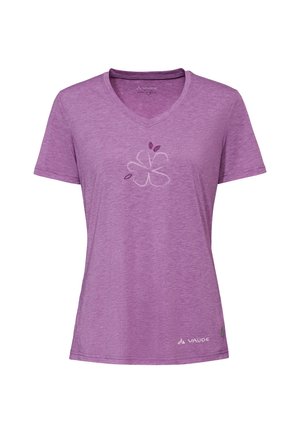 Paarse V-hals korte mouwen T-shirt met een subtiel bloemmotief op de borst en het Vaude-logo vlak bij de zoom.