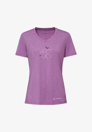 Paarse V-hals korte mouwen T-shirt met een subtiel bloemmotief op de borst en het Vaude-logo vlak bij de zoom.
