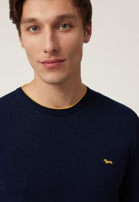 Marineblauer gestrickter Pullover mit gelbem Rippkragen. Verfügt über ein kleines gelbes Dackel-Logo auf der linken Brust. Der Stoff wirkt glatt und weich.