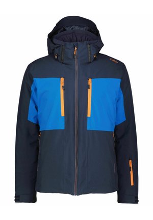 Navy and blue waterproof jacket with orange zippered pockets, adjustable hood, and sturdy texture. Front zip closure and articulated sleeves.