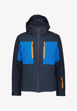 Marineblaue wasserfeste Jacke mit orangefarbenen Reißverschlusstaschen, verstellbarer Kapuze und robuster Textur. Frontreißverschluss und ergonomisch gestaltete Ärmel.