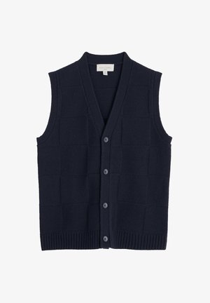 Jūras zilas vilnas veste ar V veida kakla izgriezumu, pogām priekšā un teksturētu rakstu. Ribota apakšmala un roku lielumi, sešas atbilstošas pogas un bez piedurknēm.