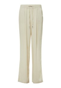 Beige wijde broek van zachte stof, met een elastische tailleband met een trekkoord en plooien, die zorgt voor een comfortabele pasvorm.