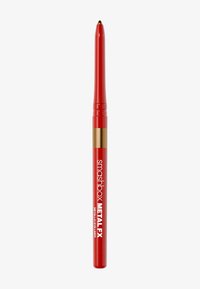 Rød metal eyeliner blyant med spids spids, med et gyldent accentbånd og hvid etikette med teksten "smashbox METAL FX."