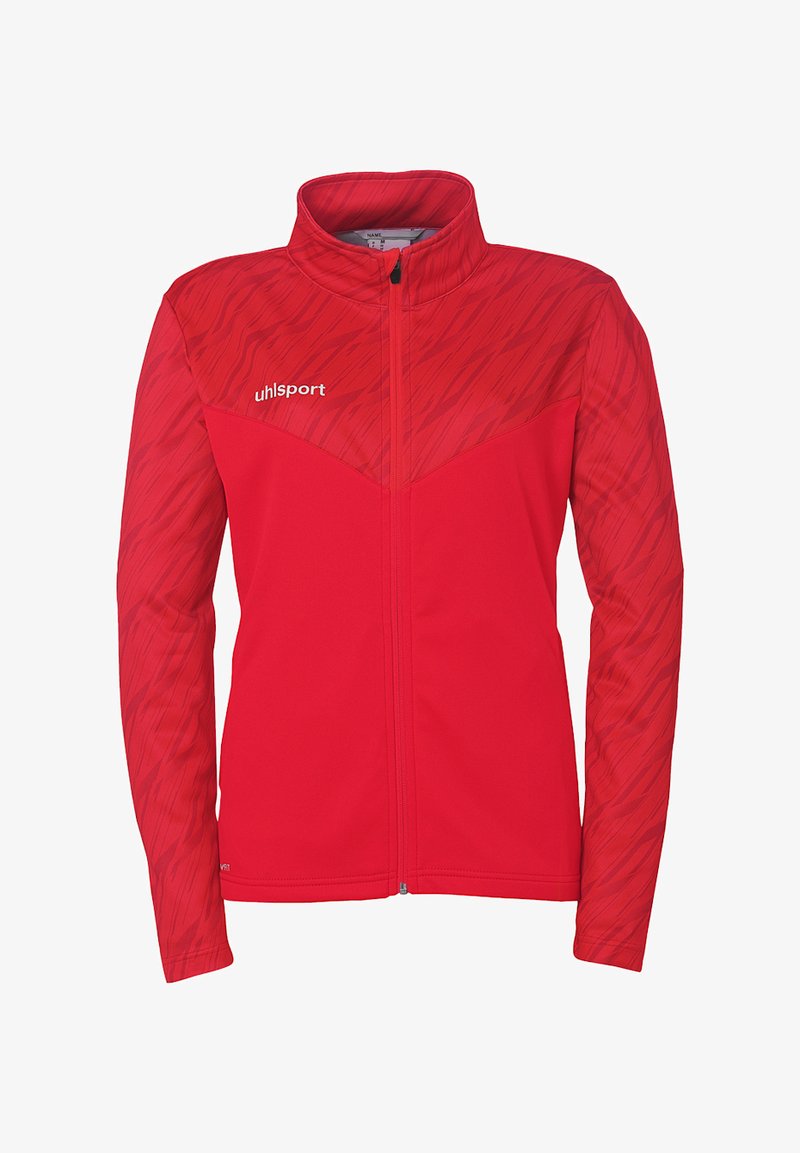 Rød zip-up jakke lavet af blødt stof, med et struktureret mønster på skuldrene og de øverste ærmer. Brandlogo på venstre side.