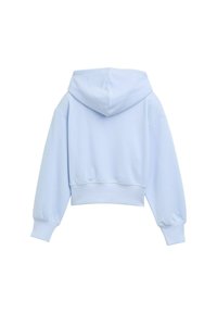 Világoskék, rövid fazonú kapucnis pulóver, elülső zsebbel, hosszú ujjakkal, bordázott szegéllyel és mandzsettával, puha pamut keverék anyagból készült.