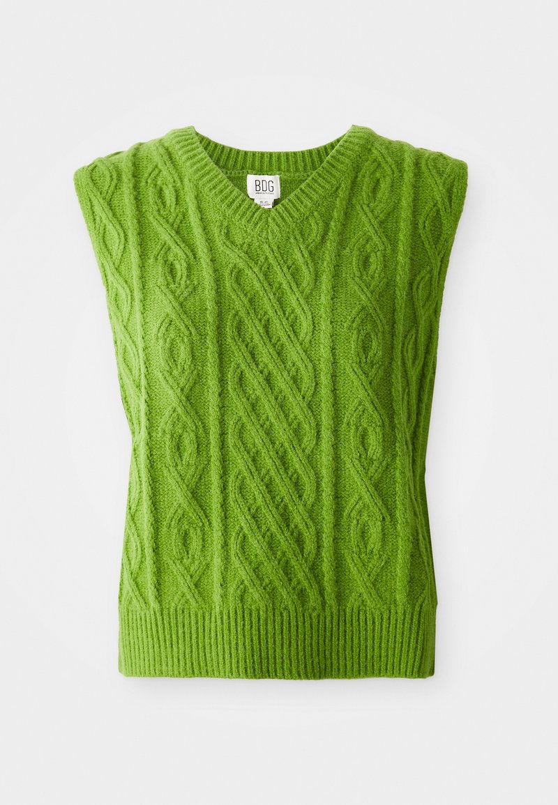 Gilet sans manches en maille torsadée verte avec col en V et ourlet côtelé, présenté sur fond blanc.