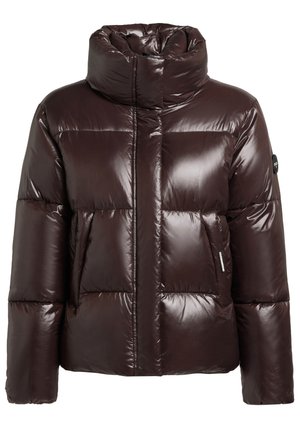 Brūna pufferis jaka ar spīdīgu apdari, augstu apkakli, rāvējslēdzēja aizdari un divām priekšējām kabatām. Raksturīgas horizontālas šūtas sadaļas.