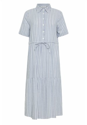 Robe midi à rayures verticales bleu clair et blanches, manches courtes, devant boutonné, col et lien noué à la taille.