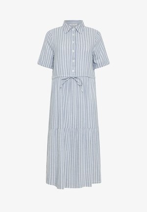 Vestido midi de rayas verticales en azul claro y blanco, con mangas cortas, botones al frente, cuello y un lazo delantero en la cintura.