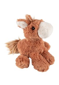 Brown plush horse with a soft textured body, a fuzzy tail, and a round, cream-colored muzzle. Features dark, embroidered eyes.