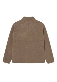 Brown fleece jacket with a high collar, raglan sleeves, and a textured surface. Features a relaxed fit and a simple, clean design.