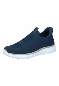 Scarpa slip-on navy con tomaia in mesh traspirante, dettagli testurizzati e suola bianca ammortizzata con design flessibile.