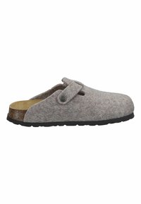 Gray felt clogs with a cork midsole, textured surface, and adjustable strap. Features a round button accent and rubber outsole for grip.