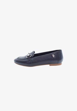 Navy leather loafers with a rounded toe, decorative strap and silver hardware, subtle stitching details, and a flat brown rubber sole.