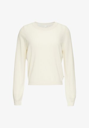 Maglione bianco a maglia con maniche lunghe, scollo rotondo e motivo testurizzato. Presenta un fit crop e polsini e orlo a coste.