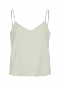 Camisole grigio chiaro in un tessuto morbido e testurizzato con spalline sottili e regolabili e scollatura a V. Design semplice senza motivi o decorazioni.
