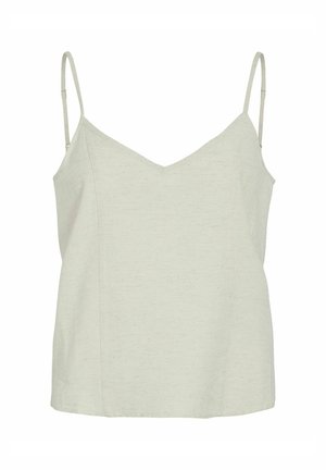 Ljusgrå camisole i ett mjukt, texturerat tyg med tunna justerbara axelband och V-ringning. Enkel design utan mönster eller utsmyckningar.