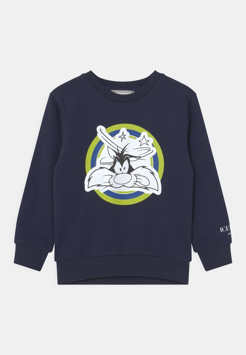 Dunkelblaues Sweatshirt aus Baumwolle, mit einem großen Bugs Bunny Grafik in Weiß auf der Vorderseite, versehen mit grünen und blauen kreisförmigen Akzenten.