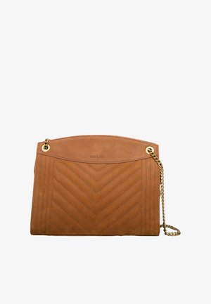 Tan leather handbag with a chevron quilted design, featuring a gold chain strap and a smooth top. Embossed logo at the top.