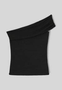 Haut noir dénudé, fabriqué en tissu extensible, présentant un torse ajusté, une texture lisse et un col drapé d'un côté.