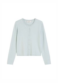 Cardigan azzurro chiaro realizzato in morbido materiale, con maniche lunghe, collo rotondo e chiusura frontale con bottoni abbinati.