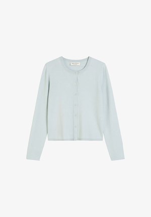 Light blue cardigan made of soft material, featuring long sleeves, a round neck, and a front button closure with matching buttons.